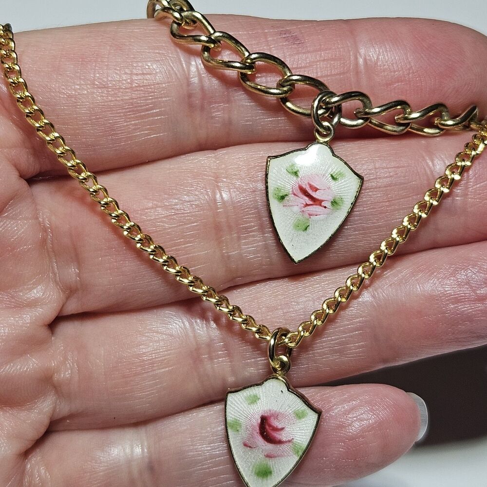 Vintage Emmons Gold Tone Guilloche Enamel Shield Charm Necklace & Bracelet Set